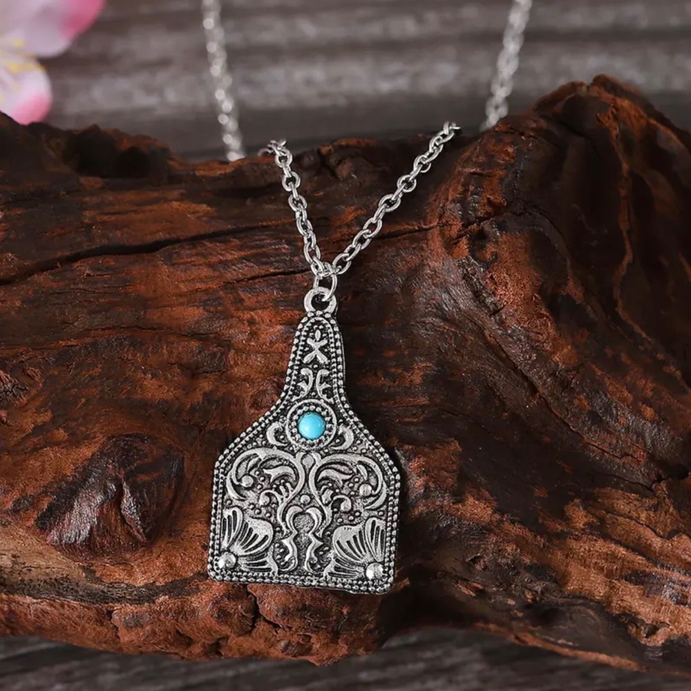 Silver Cow Tag Necklace with Faux Turquoise Stone - Picture 2 of 9